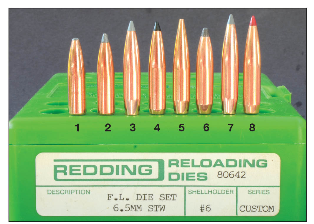 Bullets tested include the (1) Swift 120-grain A-Frame, (2) Nosler 125 Partition (3) 129 AccuBond LR, (4) 130 Swift Scirocco II, (5) Berger 140 VLD Hunting, (6) Sierra 140 GameKing, (7) Nosler 142 AccuBond LR and the (8) Hornady 143 ELD-X.